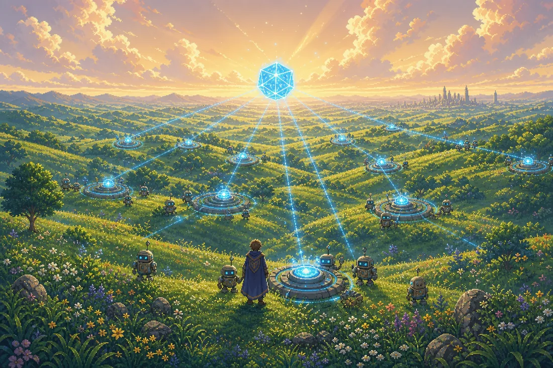 Pixel-art: many signal-blue pipeline loops across the hills wired to a single glowing crystalline brain-node at the centre