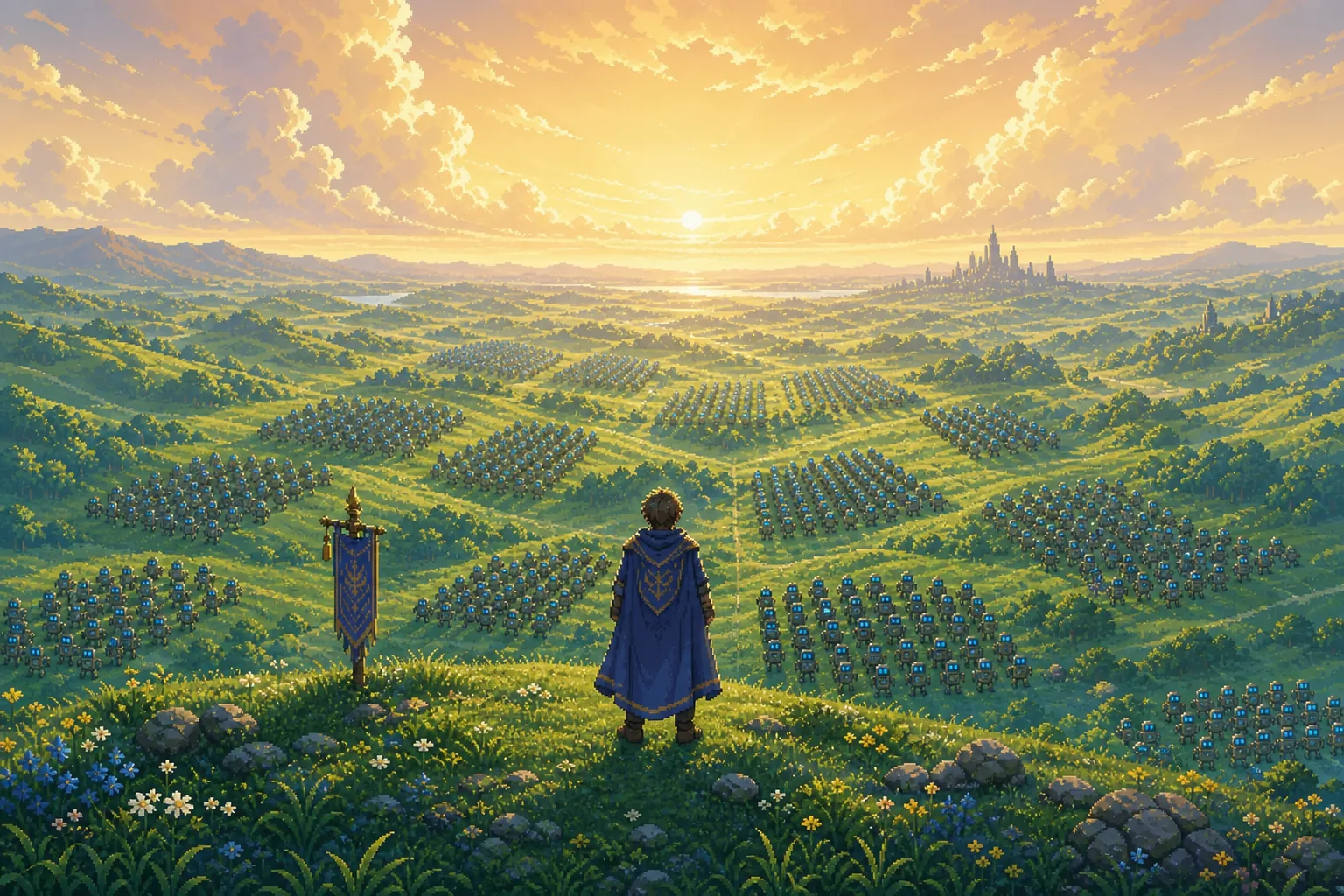 Pixel-art epic: a manager on a ridge overlooking a vast valley of cloned operator-armies, each its own signal-blue legion, with a city on the horizon