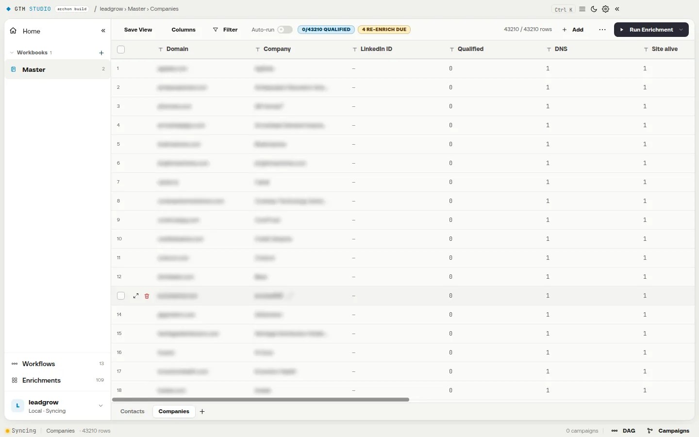 GTM Studio: the leadgrow Master workbook, 43,210 of 43,210 company rows loaded across Domain, Company, LinkedIn ID, Qualified, DNS and Site alive columns.