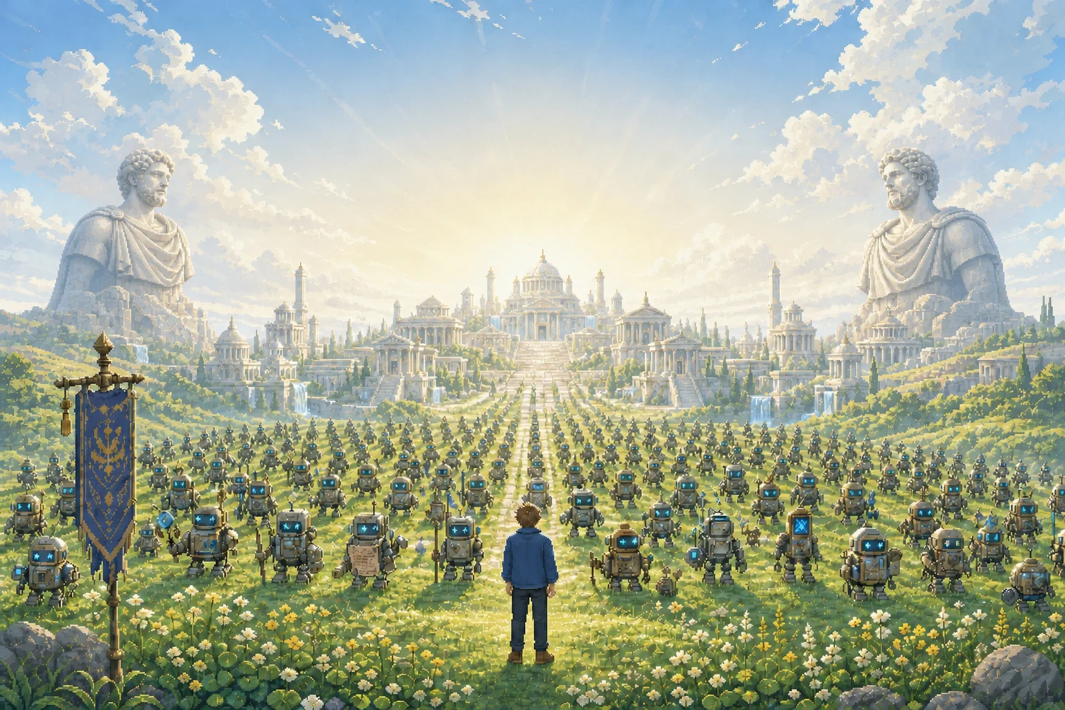 A working founder and AI agents in a radiant pixel-art Acropolis at dawn