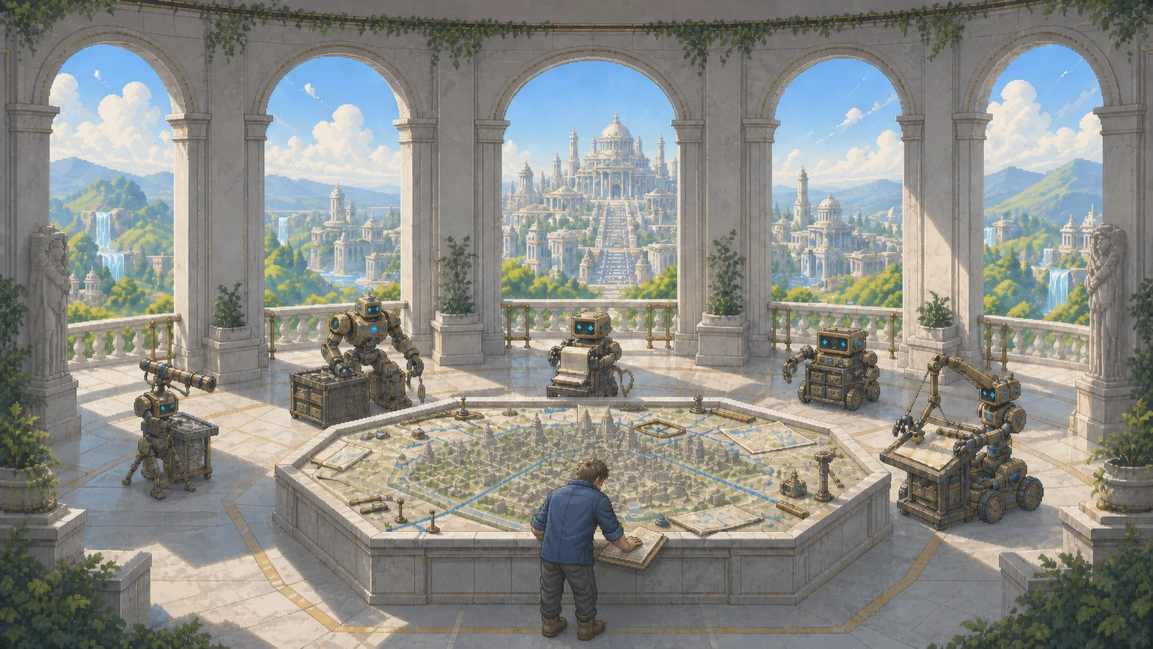 A bright pixel-art marble strategy chamber where six distinct specialist agents work around one physical campaign map reviewed by a working operator